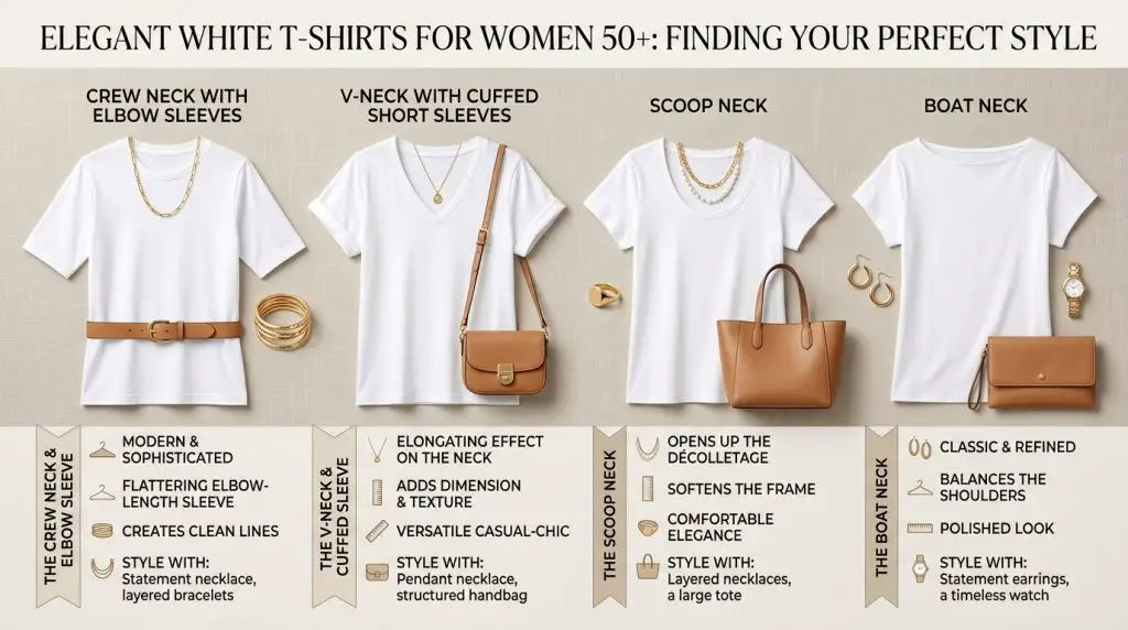 Different types of white-shirt and which body type it flatters for women over 50