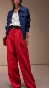 White T-shirt with red tailored trousers and a denim jacket