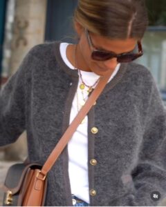 White tee with a grey cashmere cardigan and statement bag for perfect layering
