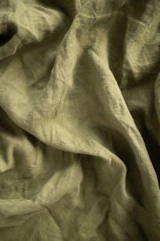 Detailed close-up of wrinkled fabric texture in a soft olive green hue.