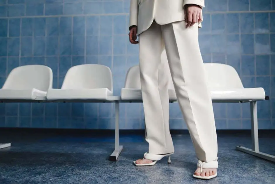 A stylish woman in a white suit and sandals standing in a modern waiting room.