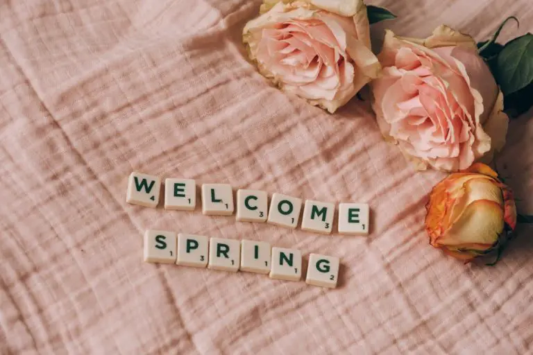 Pink roses and scrabble tiles spelling 'Welcome Spring' on a soft pink fabric background.