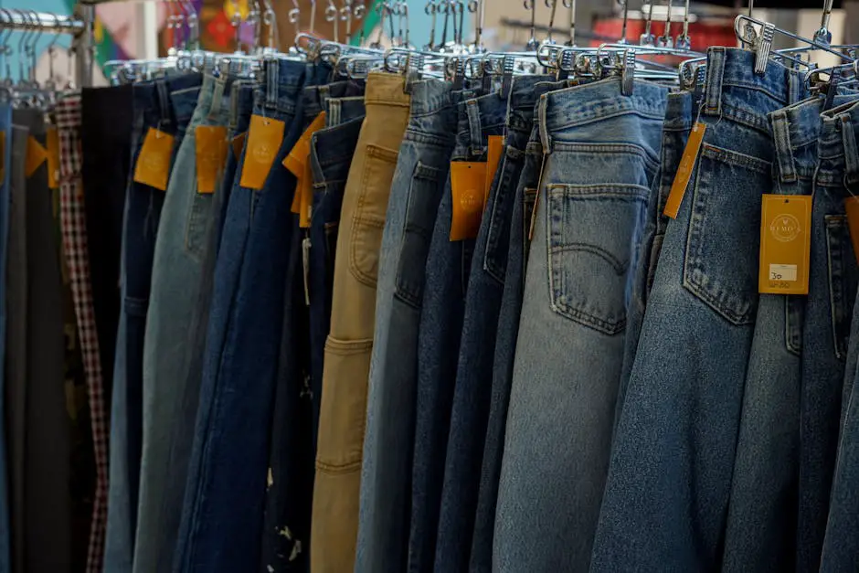 A variety of denim jeans displayed on hangers in a clothing store, highlighting fabric texture.