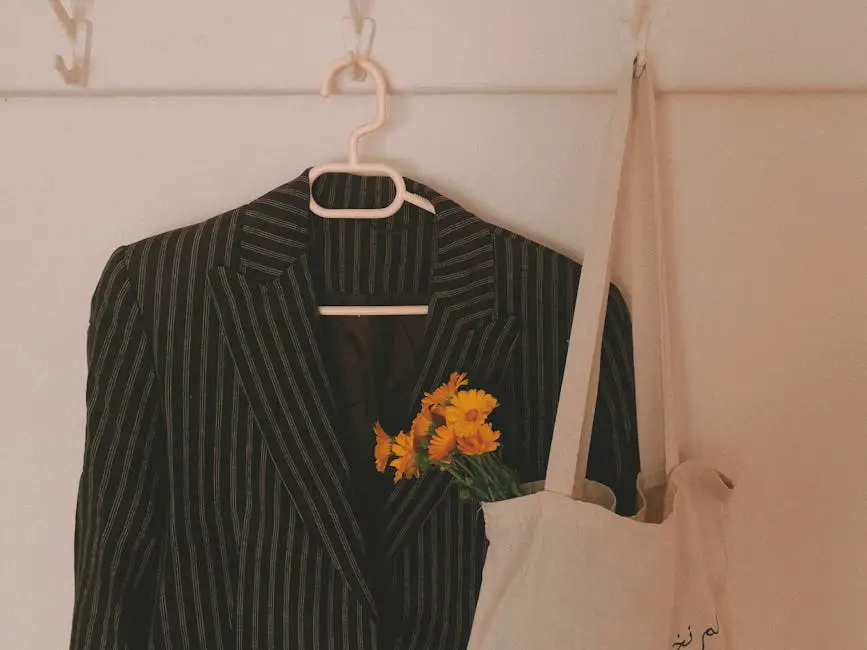 Elegant striped blazer on hanger with vibrant yellow flowers, adding a touch of nature.